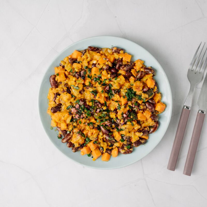 Dahl aux haricots rouges, lentille corail et patate douce, curry et gingembre