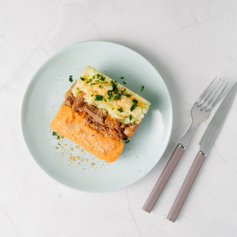 Hachis Parmentier de patates douces et pommes de terre, huile aillée