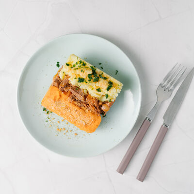Hachis Parmentier de patates douces et pommes de terre, huile aillée