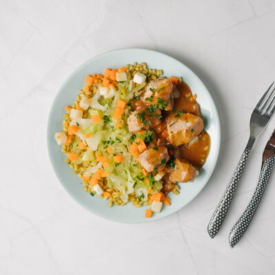 Sauté de porc, tombée de chou chinois, céleri et carottes