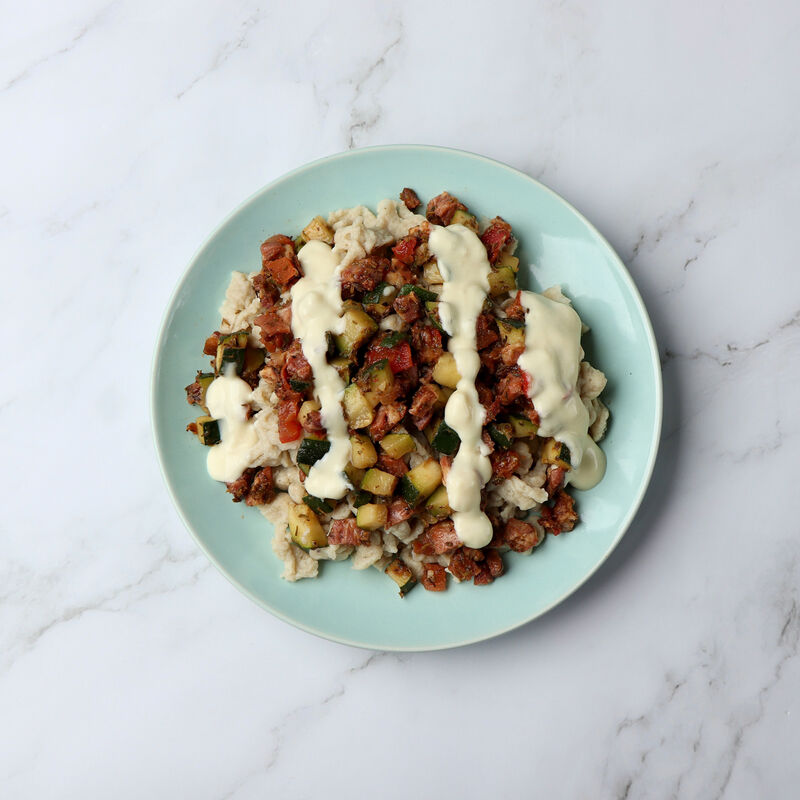 Spaetzles gratinées, tomates, courgettes et thym